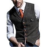 Aesido Casual Men's Vest for Wedding Plaid Soft Wool Tweed Waistcoat for Groosmen Best Man