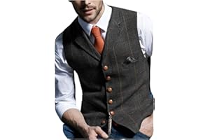 Aesido Casual Men's Vest for Wedding Plaid Soft Wool Tweed Waistcoat for Groosmen Best Man