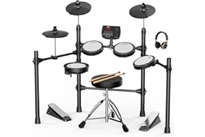 AiJoy Electric Drum Set with Quiet Mesh Pads, 5 Drums, 3 Cymbals, Dual-Zone Snare, USB MIDI, Intelligent Sound Module, Drum Throne, Headphones, Sticks, 25 Kits & 195+ Sounds for Beginners & Adults
