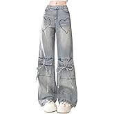 kakarin choyx Fashion High Waist Baggy Jeans Y2K Heart Pattern Tie Cargo Pockets Casual Straight Leg Wide Leg Denim Pants