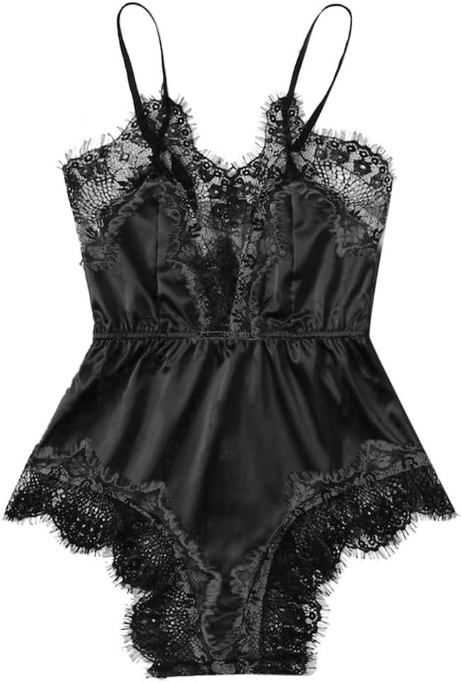 Women Satin Sleepwear Lace Bra Sexy Lingerie Underpant Siamese Bodysuit Babydoll