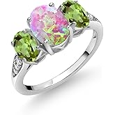 Gem Stone King 10K White Gold Pink Simulated Opal Green Peridot and White Lab Grown Diamond 3 Stone Engagement Ring For Women (2.09 Cttw, Gemstone Birthstone)