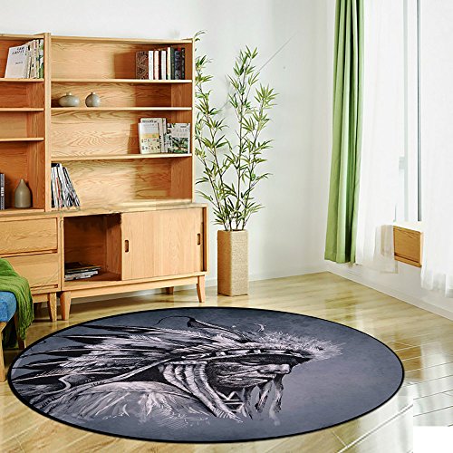 Printing Round Rug,Native American,Hand Drawn Tribe Chief Head with Feathers Vintage Style Ethnic Art Mat Non-Slip Soft Entrance Mat Door Floor Rug Area Rug For Chair Living Room,Grey Black White - Thumbnail 2