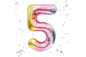 BEEYAKY 40 Inch Giant Rainbow Number 5 Balloons, Birthday Balloons, Helium Mylar Foil Big Number Balloons for Birthday Party Decorations, Kids' Birthday Anniversary Party Baby Shower Unicorn Parties