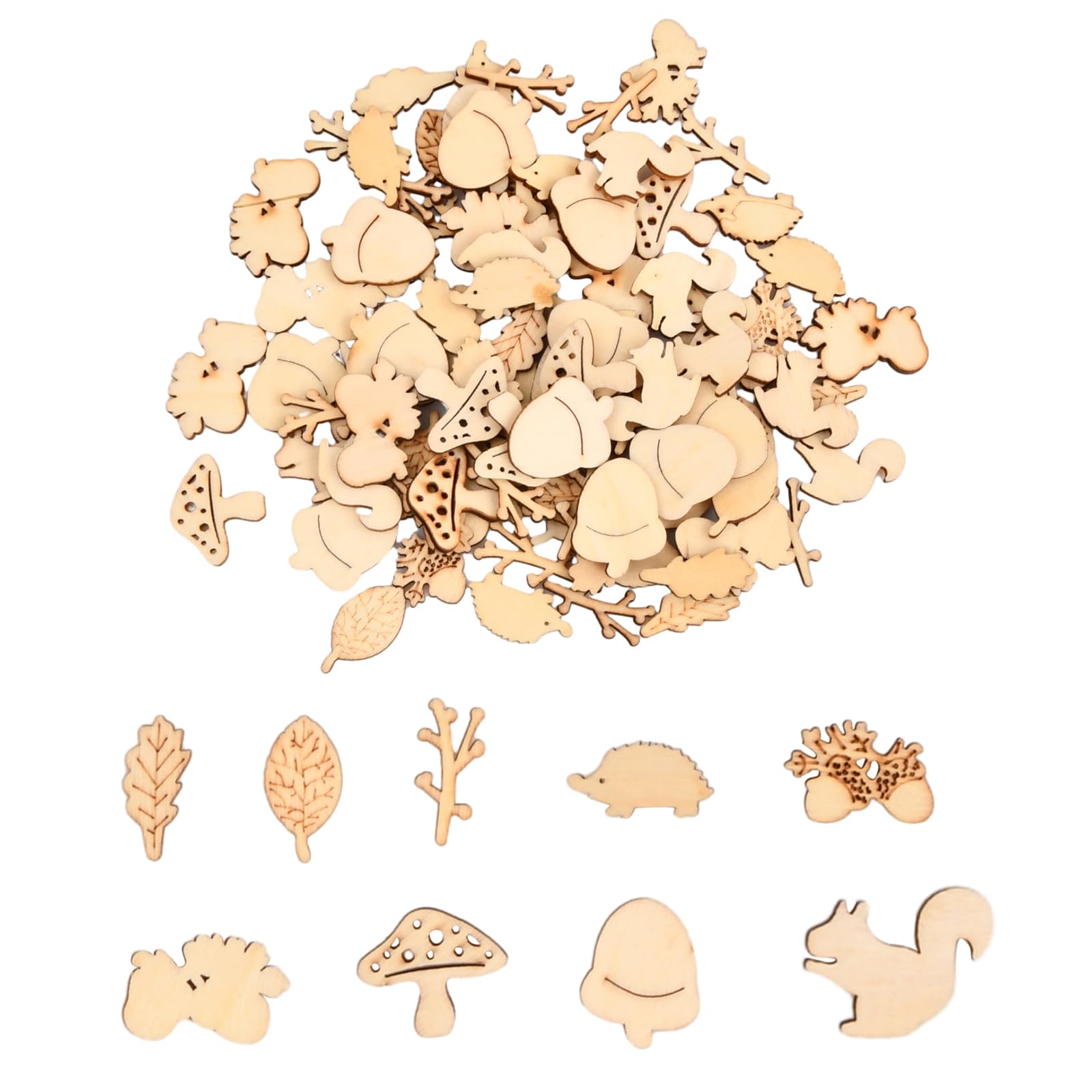 Laughhe 100pcs Wood Animal Plants Cutouts Handmade Slices - Squirrel, Hedgehog, Mushroom, Pine Cones, Wood Chips - Wooden Crafts Embellishments for DIY Scrapbooking Card Making