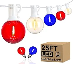 4th of July String Lights, 25FT G40 Red White and