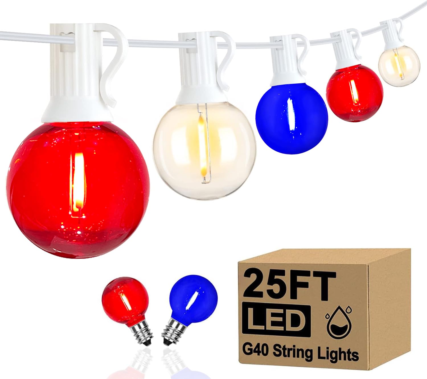 4th of July String Lights, 25FT G40 Red White and
