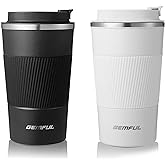 GEMFUL Travel Coffee Mug 2 Pack Insulated To Go Tumbler with Lid Portable Stainless Steel Reusable Cups Leak proof for Women Hot Cold Drinks 17oz (Black and White)
