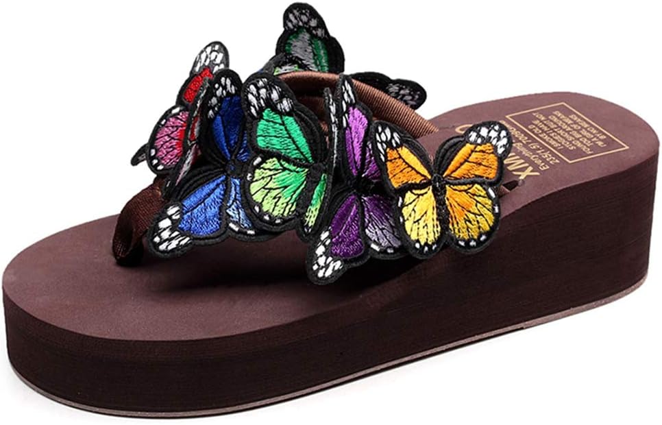 MISTU Women's Bohemian Butterfly Platform High Heel Flip Flops Anti-Slip Summer Beach Thong Wedge Sandals