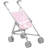 JC Toys Boutique | Folding Umbrella Doll Stroller for Children 2 Years Plus, Pink Stripes and Soft Embroidery | Sturdy Metal Frame | Pretend Play with Dolls up to 18&rdquo; Long | Seat Belt