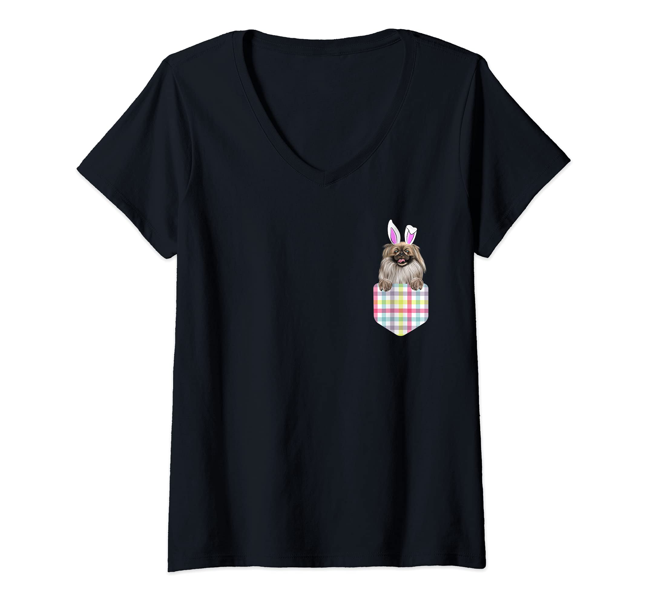 Womens Easter Plaid Pekingese Bunny Dog In Pocket V-Neck T-Shirt