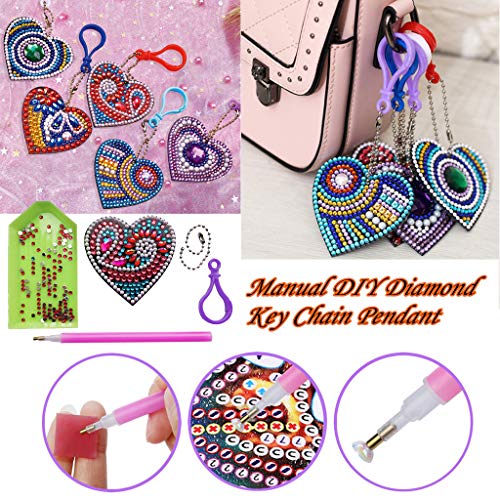 2019 New Gift! Set of 5 Diamond Painting Keychain, 5D Mosaic Making DIY Full Drill Special Shape Diamond Painting Beauty Doll Keychain Key Ring Phone Charm (Hearts Set of 5) - Thumbnail 5