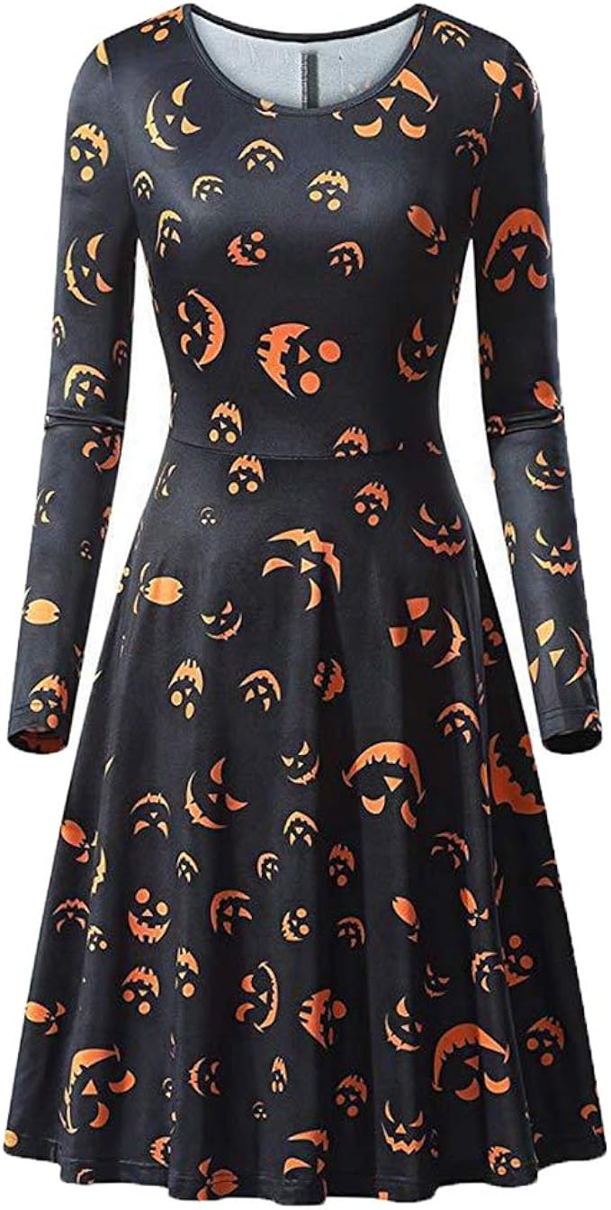 Halloween Women Long Sleeve Pumpkin Bat Print Pleated Tunic Dress Party Midi Dress