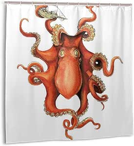 Throwpillow Cortina de Ducha,Pulpo Kraken con velero en tentáculos