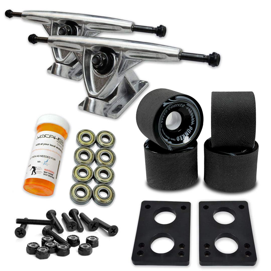 Yocaher Longboard Skateboard Trucks Combo Set W/ 71Mm Wheels + 9.675" Polished/Black Package -Solid Black Wheel, Polished Trucks