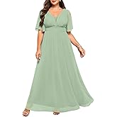 Talisea Plus Size Formal Dresses - V Neck Flutter Sleeves Evening Gowns Bridesmaid Wedding Guest Chiffon Long Maxi Dress
