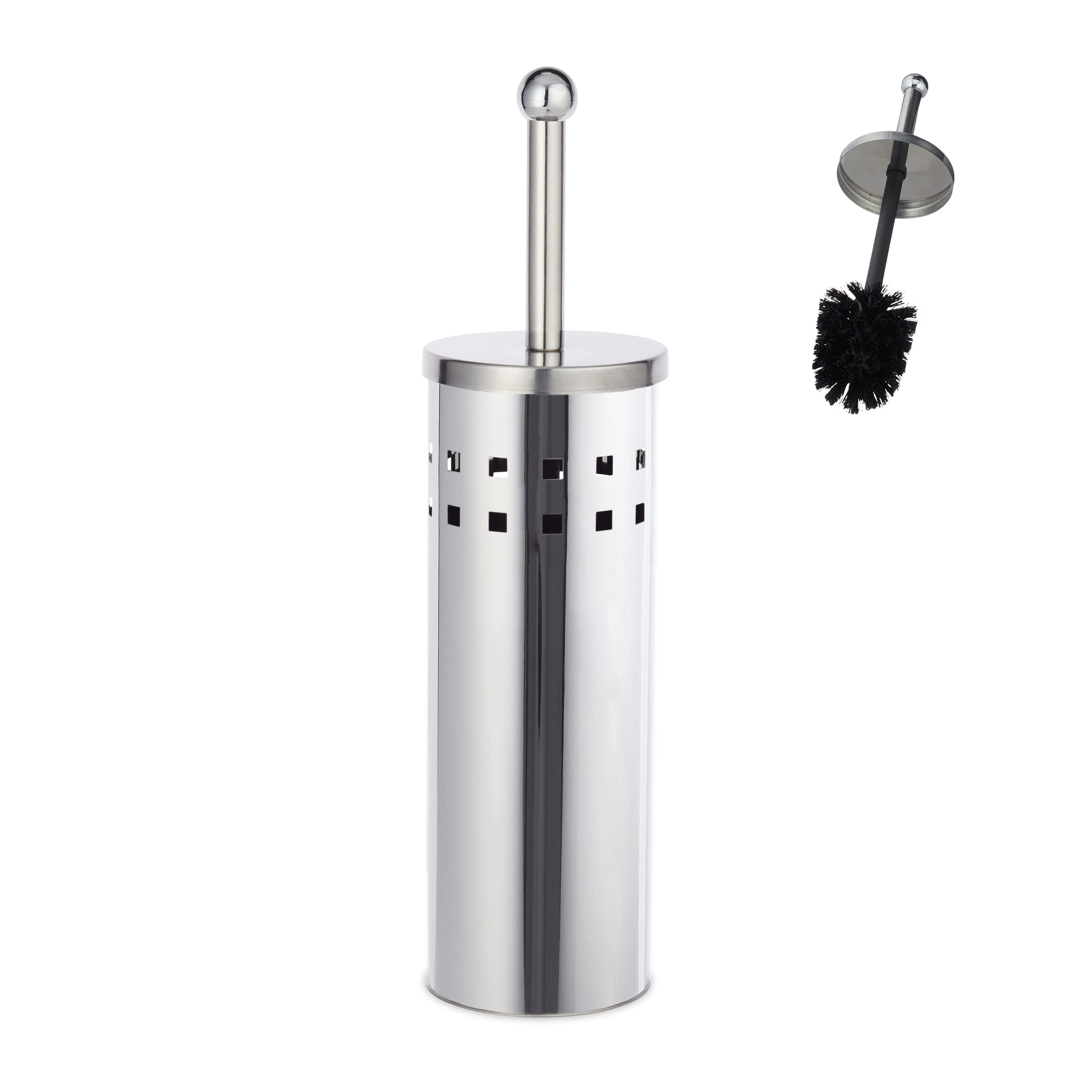 Relaxdays WC Accessory Set, Toilet Holder, Exchangeable Brush Head, Freestanding, Stainless Steel, Silver/Black, 39 x 10 x 10 cm