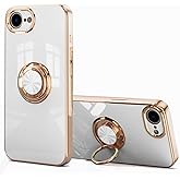 aowner for iPhone 16e Case with Ring Stand 360°Ring Holder Kickstand [Support Magnetic Car Mount] Luxury Rose Gold Plating Edge Slim Shockproof Protective Phone Case Cover for iPhone 16e 6.1", White
