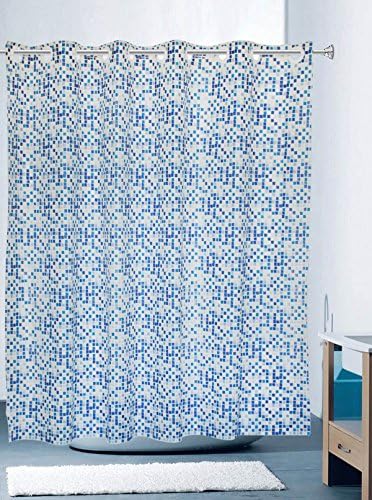 Hookless Shower Curtain Square Pixel Mosaic Pattern Geometric Abstract Minimalist - Blue Navy White Print Plain Texture Stripe for Bathroom without Hooks [YUMIKO]