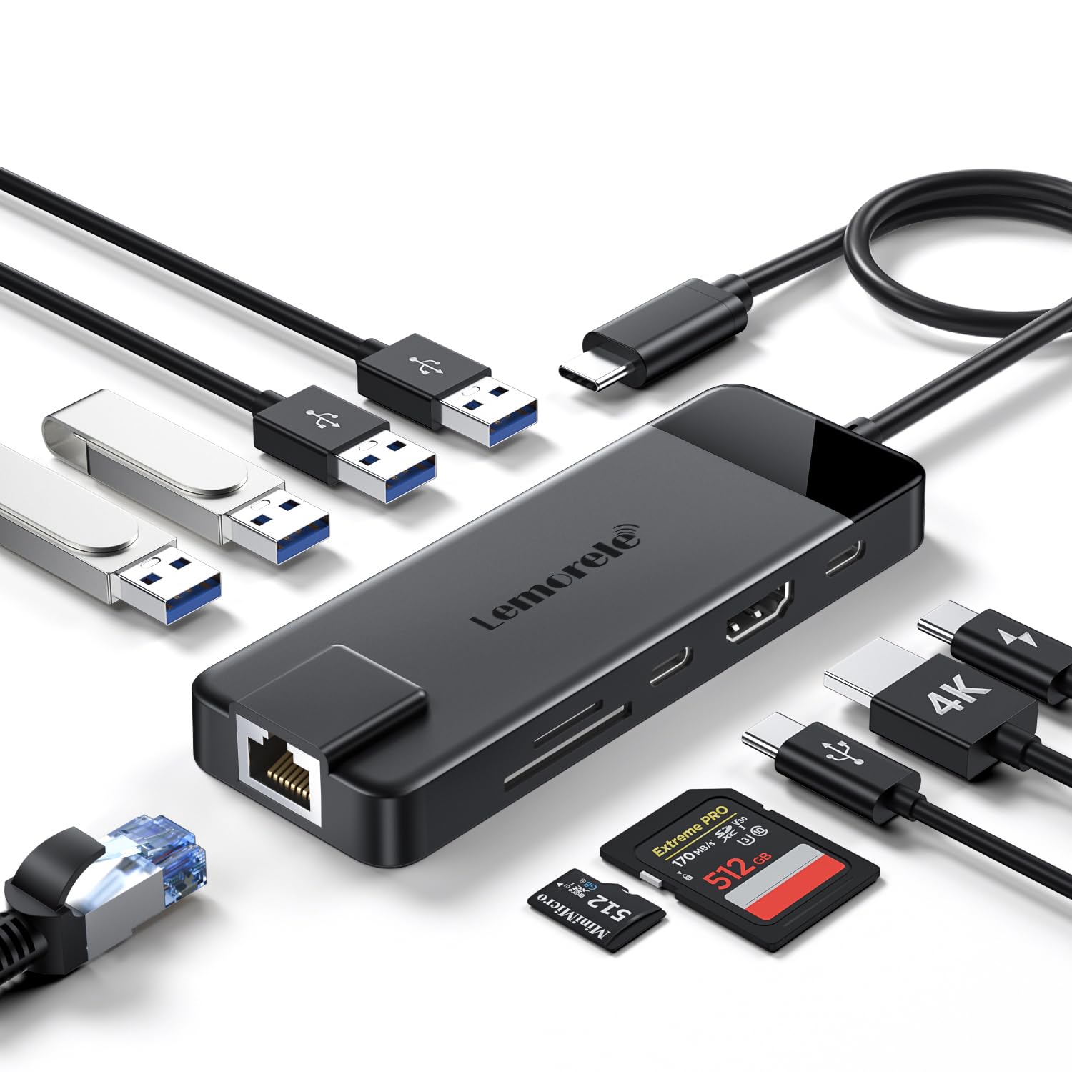 USB C Docking Station-Lemorele 2025 Upgrade10 in 1 mit Gigabit Ethernet, 4K HDMI, 4*USB A 3.0/2.0, 100w PD, USB-C 3.0, SD/TF USB Hub Multiport Adapter für Mac.Book Pro/Air/Dell/Hp/Lenovo/Asus