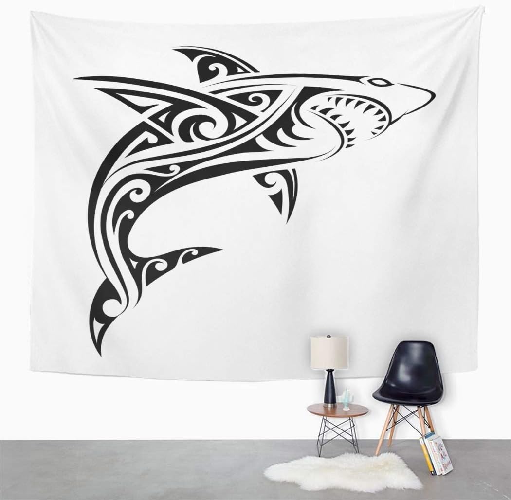 Qryipd Shark Tapestry Wall Hanging 50 X 60 Inch Tribal Tattoo Shark Ethnic Polynesian Shark Tattoo Tribal Polynesian Print Polyester Wall Hanging Decor for Bedroom Livingroom Dorm Decoration