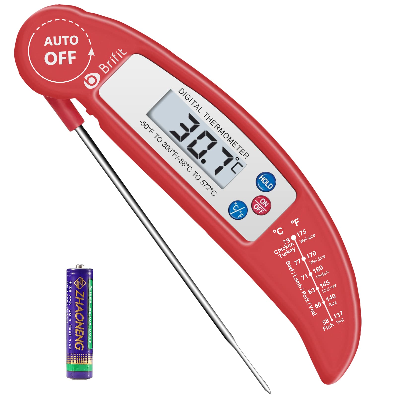 Criacr Digital Meat Thermometer, Instant Read Food Thermometer with Foldable Long Probe, High Accuracy Cooking Thermometer, ℃/℉ Switch, Auto On/Off, for Kitchen Cooking, BBQ, Milk (Battery Included)