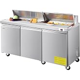 VEVOR 72"W Commercial Refrigerator, 18.7 Cu. Ft Sandwich Prep Refrigerated Table, Mega Top Food Prep Fridge with 18 Pans and Cutting Board, Stainless Steel Salad Prep Cooler for Restaurant, Food Truck