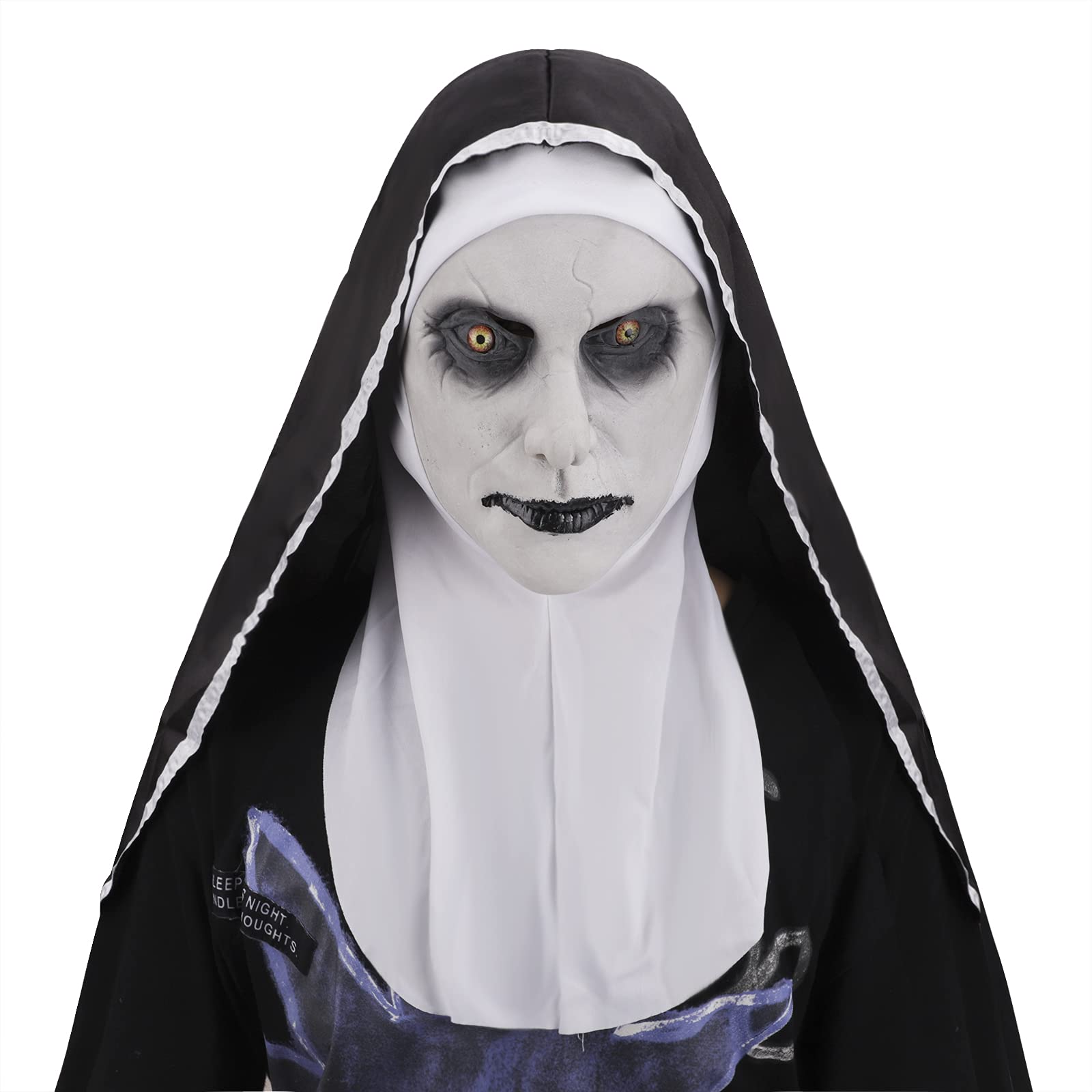 Halloween Scary Nun Mask Creepy Full Face Horror Headdress with Headscarf Photo Prank Movie Party Props Black Head Covering Evil Angry Zombie Nun Cosplay Costume Accessory Unisex Adult