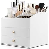 Homeanda Makeup Organizer with Drawers, PU Leather Cosmetic Storage Box Large Cosmetic Display Case for Skincare, Lipstick, Brushes, Bedroom Storage(White)