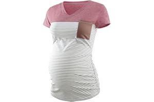 Ecavus Women's Casual Maternity T-Shirts Short Sleeve V Neck Colorblock Maternity Tops with Pocket