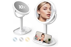 LITBEAR 8" Lighted Makeup Mirror with Magnification, 1X/10X Magnifying Mirror with Light, 3 Colors Dimmable Lightning, 80 LED Lights, 360°Rotation Double Sided Standing Vanity Mirror