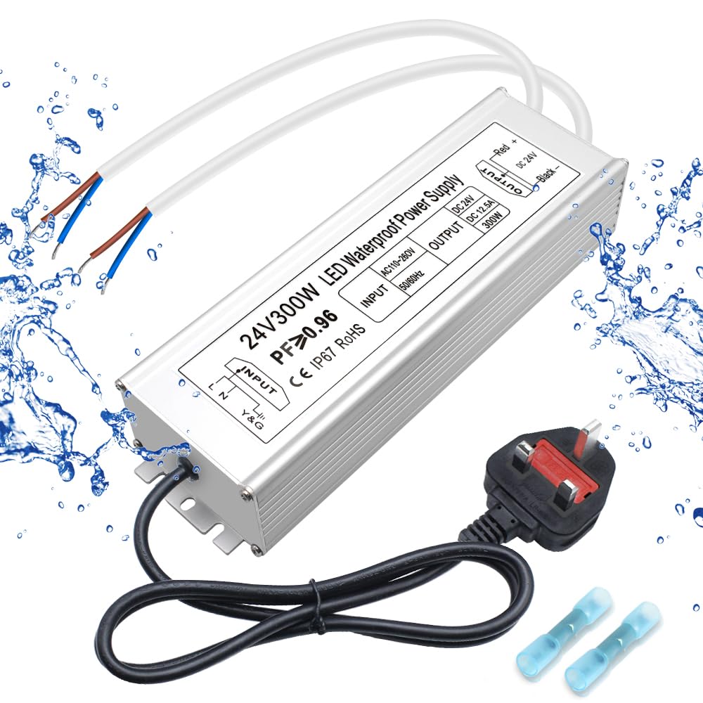 inShareplus LED Power Supply, 24V 300W IP67 Waterproof Outdoor Driver, AC 90-265V to DC 24V 12.5A Low Voltage Transformer, Adapter with 3-Prong Plug for LED Light, Computer Project, Outdoor Use