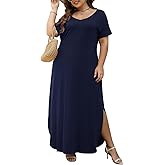 Nemidor Plus Size Maxi Dresses for Curvy Women Casual Summer Slit Loose Short Sleeve Long Dress with Pocket 14-26