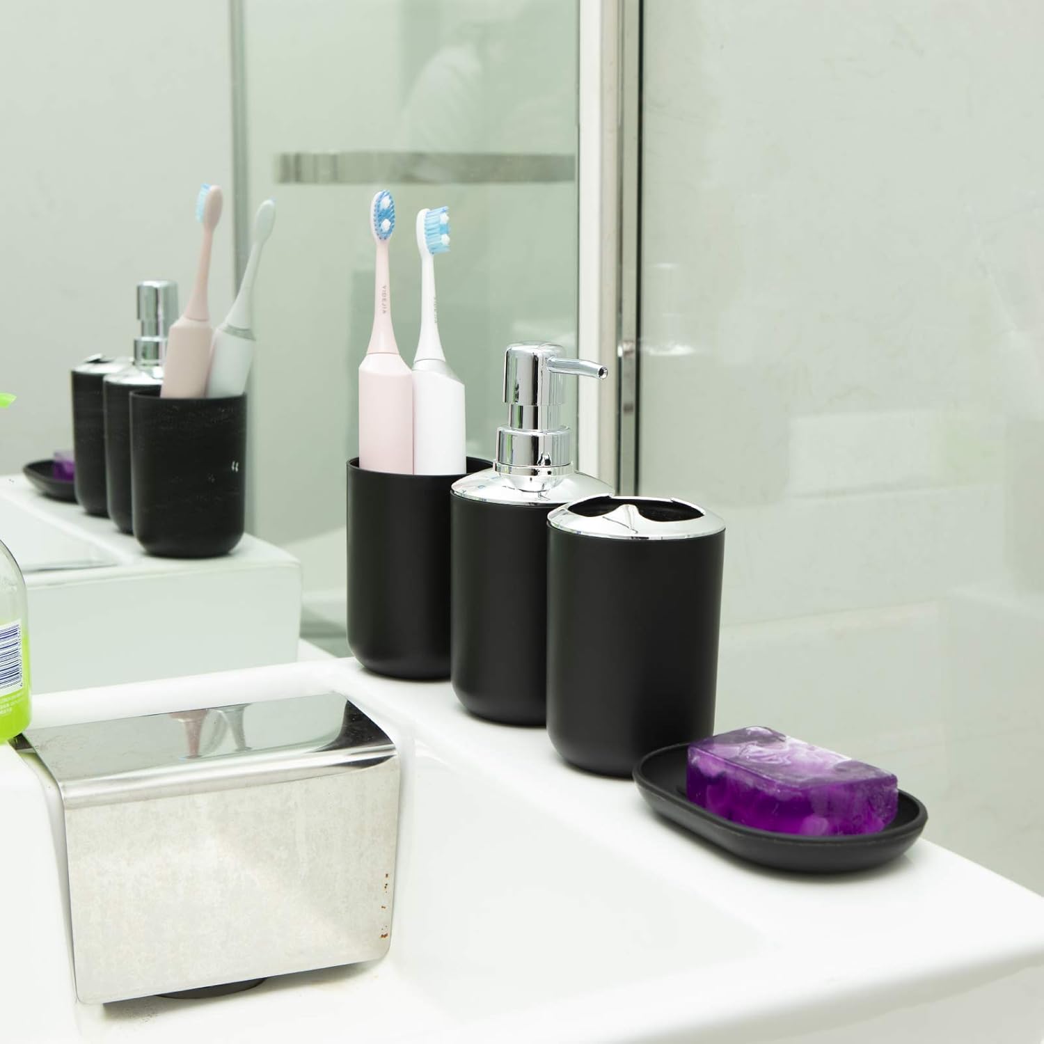Bathroom Accessory Set 4 Pcs Plastic Bathroom Decor Toothbrush Holder Toothbrush Cup Soap Dispenser Soap Dish Farmhouse Decor Bathroom Home Decor Craft (Black): Home & Kitchen
