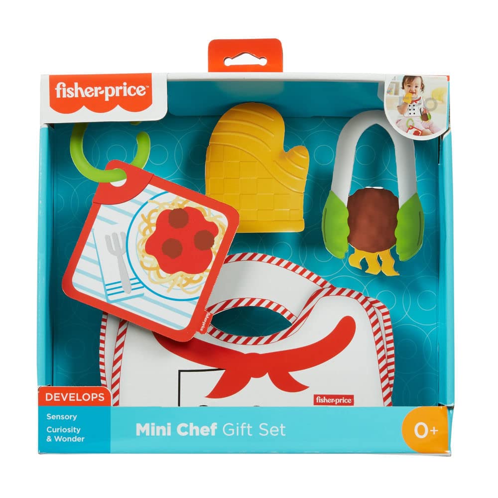 Fisher-Price Cutest Chef Gift Set, 4 cooking-themed baby toys with wearable bib and teether for babies ages 3 months and older
