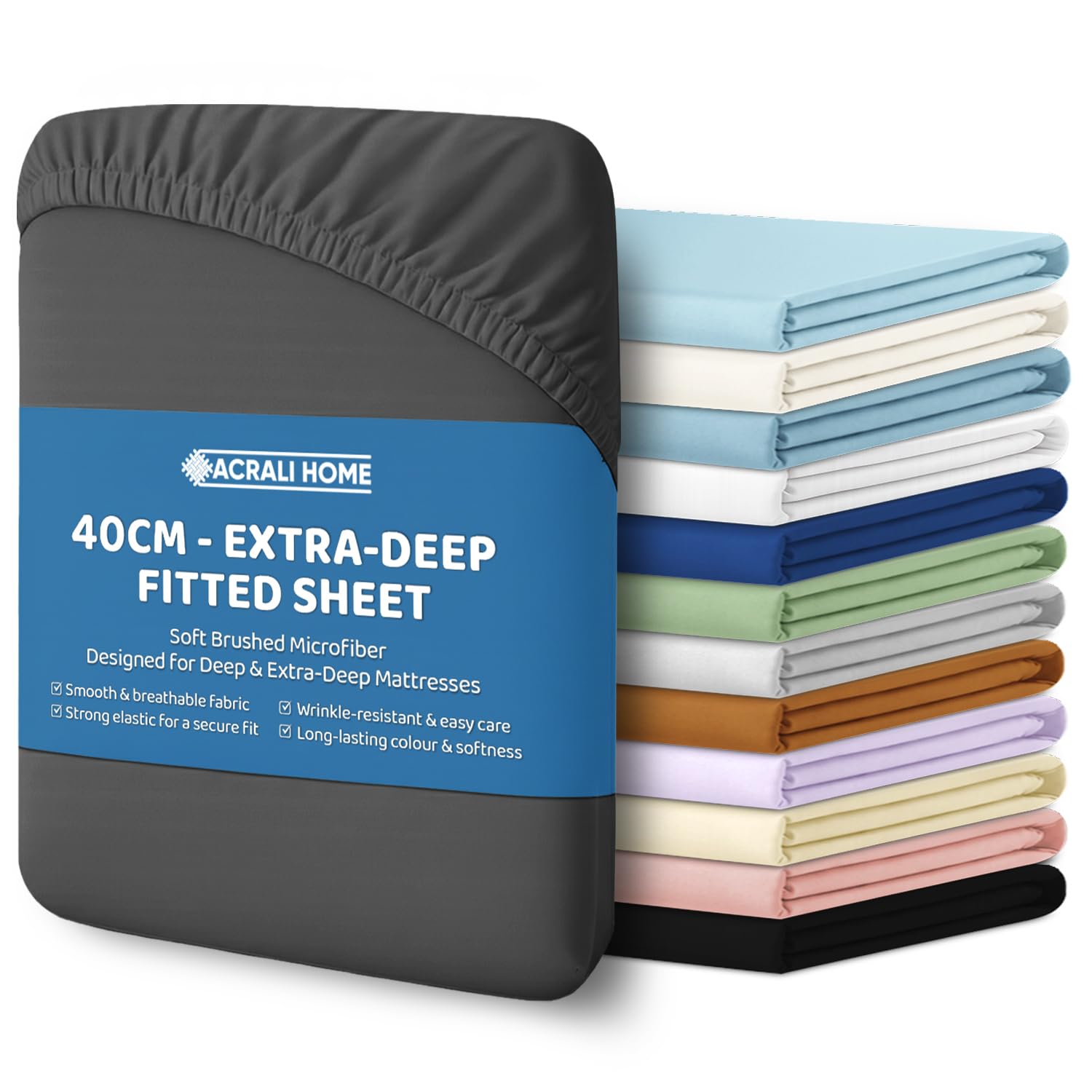 ACRALI HOME Double Fitted Sheet, 40cm Extra Deep Pocket, Microfiber Gray Bottom Sheet for Double Bed - Easy Care Hotel Quality Soft Bedsheet - Breathable Shrinkage and Fade Resistant