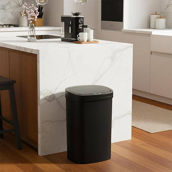 BESTOFFICE | 13 GALLON TRASH CAN WITH LID | AUTOMATIC TOUCHLESS GARBAGE CAN | ODOR CONTROL | MODERN OVAL DESIGN | EASY TO CLEAN | PLASTIC | BLACK | FITS ANY KITCHEN, BATHROOM, OFFICE OR HOME