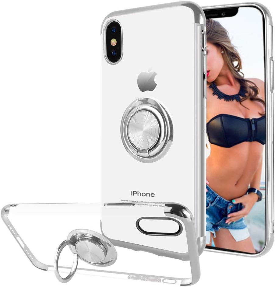 Cute Cover for iPhone XR Cases Clear Thin Soft TPU Case Built Magnetic Kickstand Ring Holder-Silver