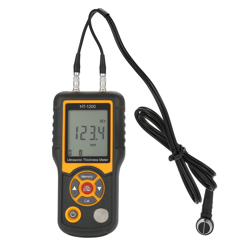 HT-1200 Digital LCD Ultrasonic Thickness Meter Gauge Measuring Tool 2-300mm Range (steel) Ultrasonic Thickness Gauge (without battery, 3 1.5V, AA alkaline batteries) for Metal Plastic Ceramic