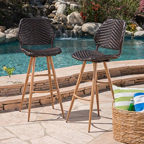 Great Deal Furniture Amaya Outdoor Multibrown Wicker Barstools with Brown Wood Finish Metal Legs ...