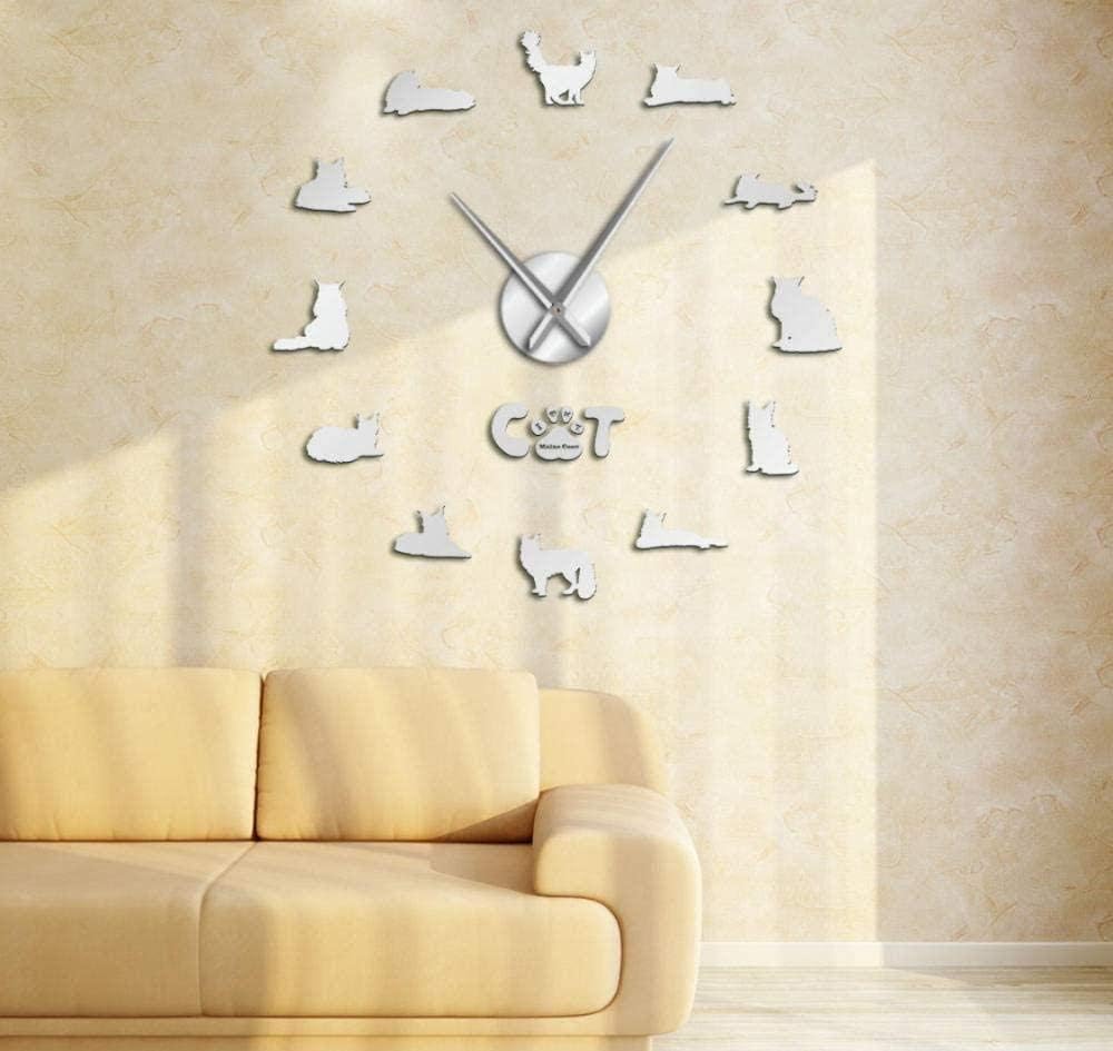HRWDZ Wall Clock 37 Inch The Gentle Giant Maine Coon DIY Cat Silhouette Wall Art Stickers Decorative Large Contemporary Style Watch