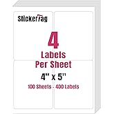 StickerTag 4UP 4" x 5" Shipping Labels Compatible with Laser & Inkjet Printers, Address Mailing Labels Self Adhesive Stickers (100 Sheets)