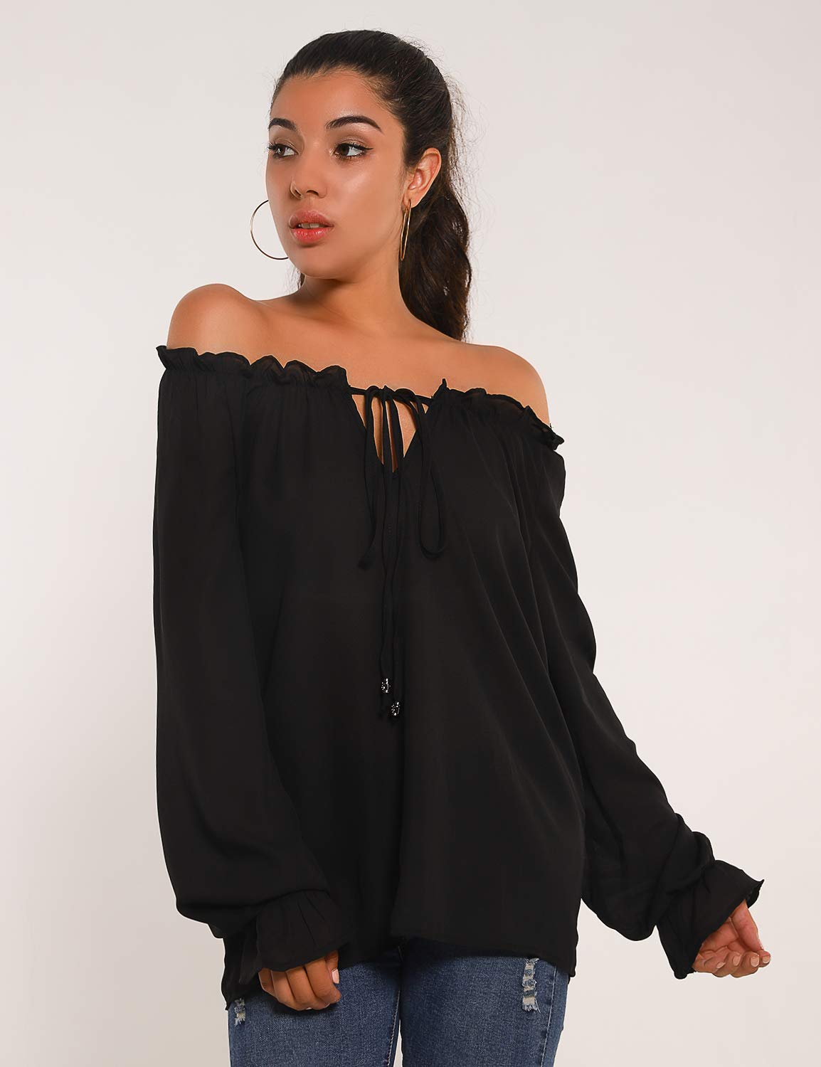 Blooming Jelly Womens Off The Shoulder Tops Chiffon Blouse Tie Neck Bell Sleeve Ruffle Elegant Flowy Shirt（S,Black