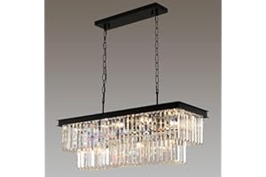 Weesalife Crystal Chandeliers for Dining Room 11-Light Black Modern Chandelier Rectangle Contemporary Pendant Light Fixture for Kitchen Island Bar L33.5 Inch