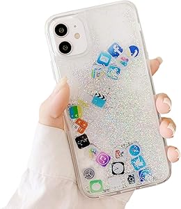 SGVAHY Liquid Glitter Case for iPhone 7 Plus, Hard Back Colorful Bling Quicksand with iOS Icon Soft Rubber TPU Bumper Protective Case Cover for iPhone 8 Plus. (Gray, iPhone 7 Plus / 8 Plus)