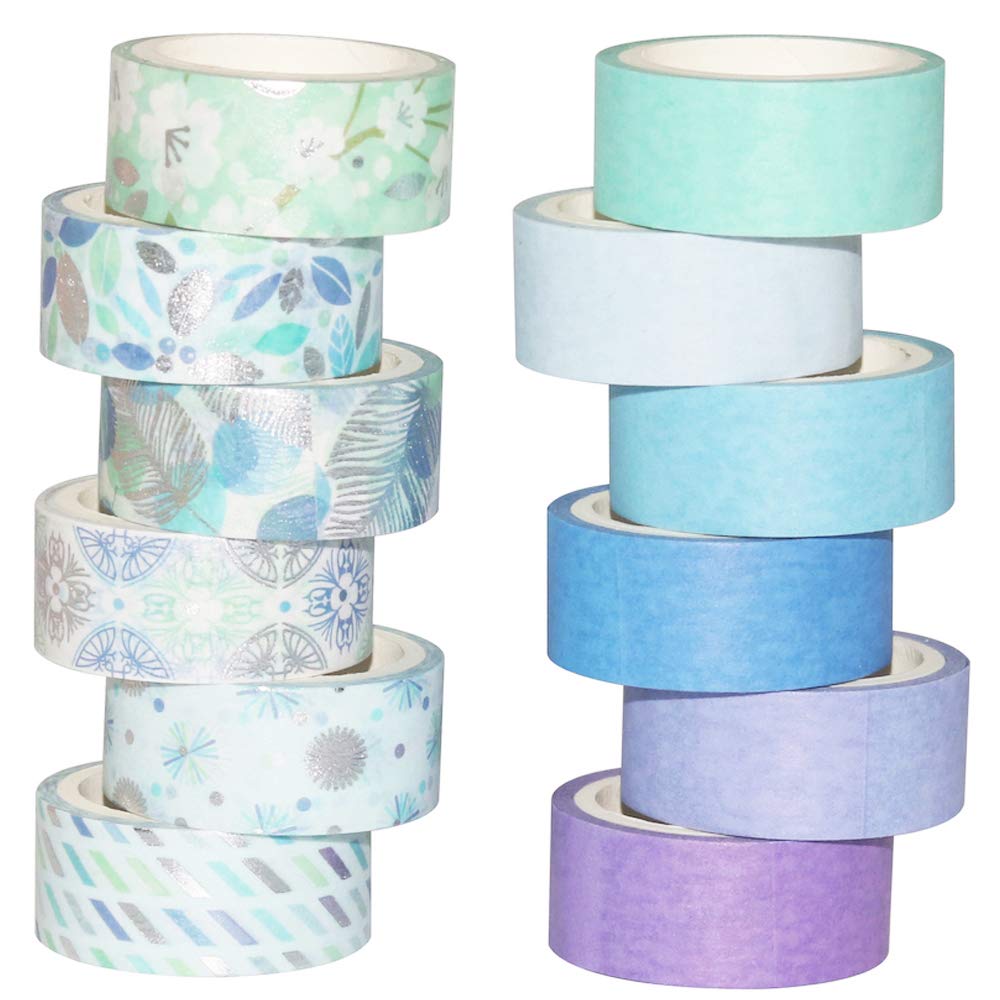 YUBBAEX Blue Washi Tape Set Silver Decorative Masking Tape Scrapbooking Tape for DIY Art & Crafts and Gift Wrapping Holiday Decoration Office,15mm x 3M (Blue Mix)
