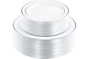 I00000 102pcs Silver Plastic Plates, Disposable Plastic Party Plates with White Silver Rim Fancy Wedding Party Plates Include 51 Dinner Plates 10.25" and 51 Dessert Appetizer Plates 7.5"