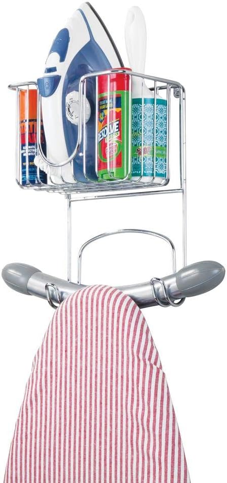 mDesign Wall Mount Metal Ironing Board Holder with Small Storage Basket - Holds Iron, Board, Spray Bottles, Starch, Fabric Refresher for Laundry Rooms - Chrome: Home & Kitchen