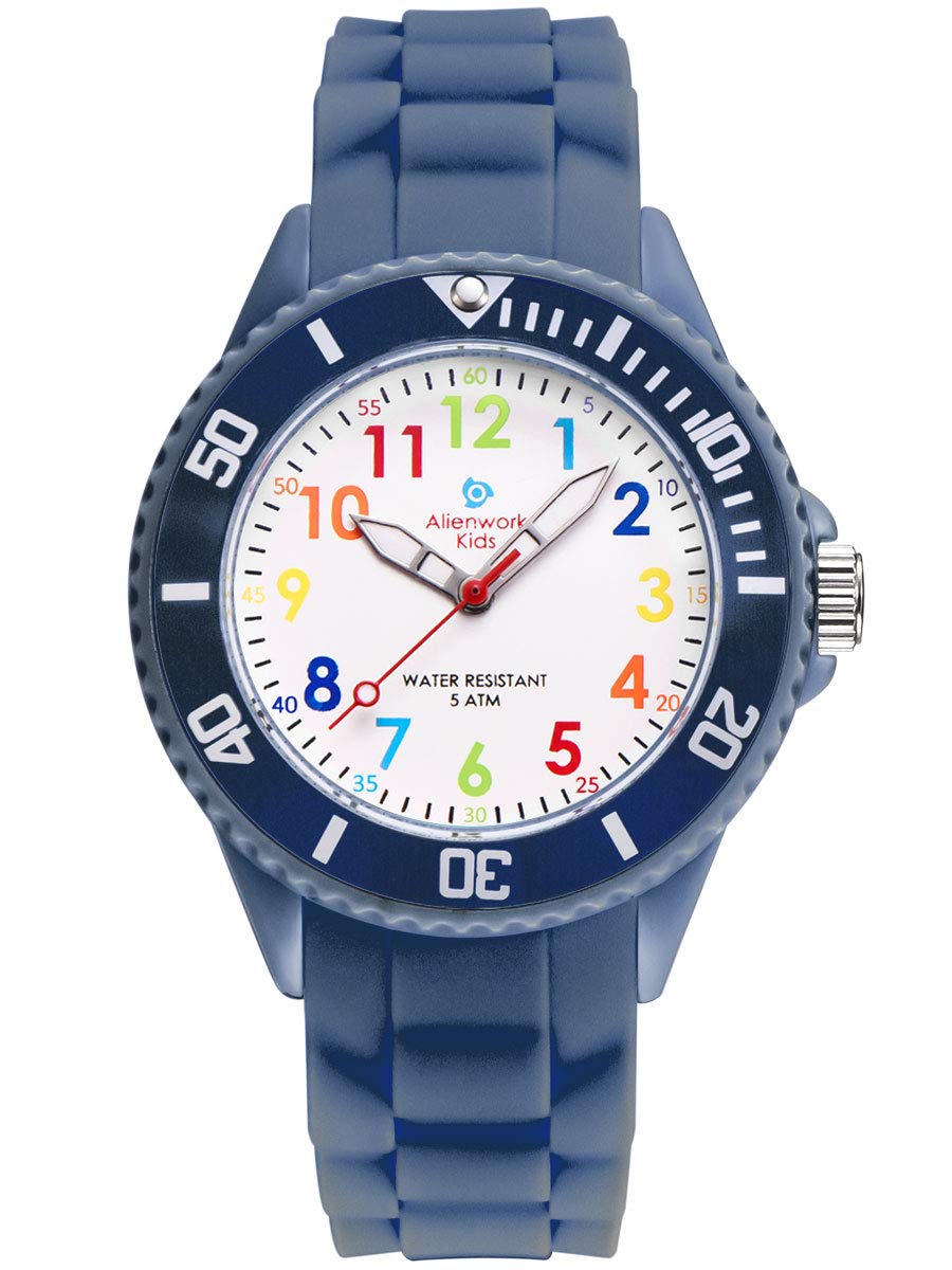 Alienwork Kids Children's Teacher Watch Boys Girls Navy Blue Silicone Strap Multi-Coloured Children's Kid Waterproof 5 ATM Learning Time