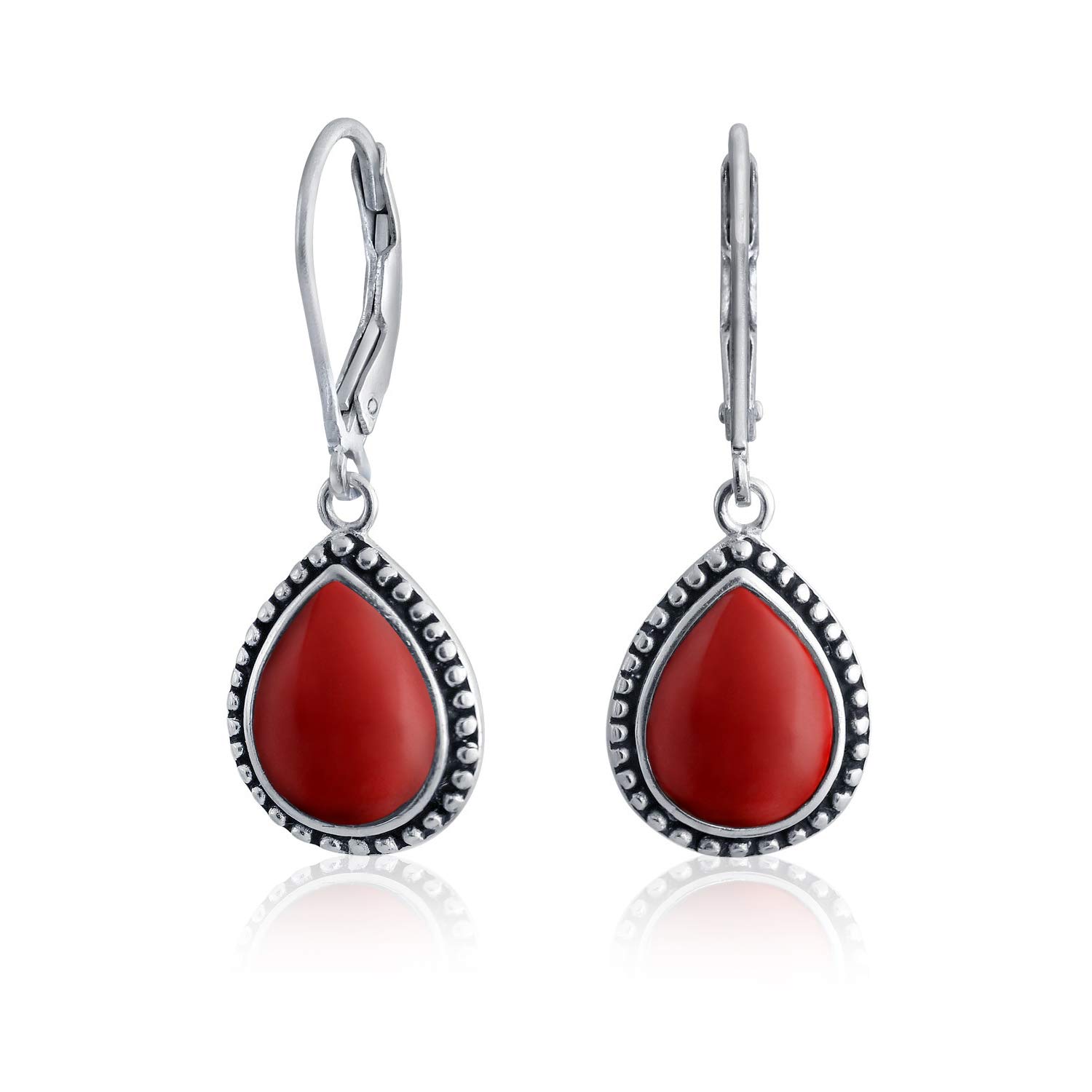 Boho Western Style Dark Red Burgundy Stabilized Turquoise Semi Precious Pear Shaped Teardrop Lever Back Dangle Drop Earrings For Women Teen Oxidized .925 Sterling Silver